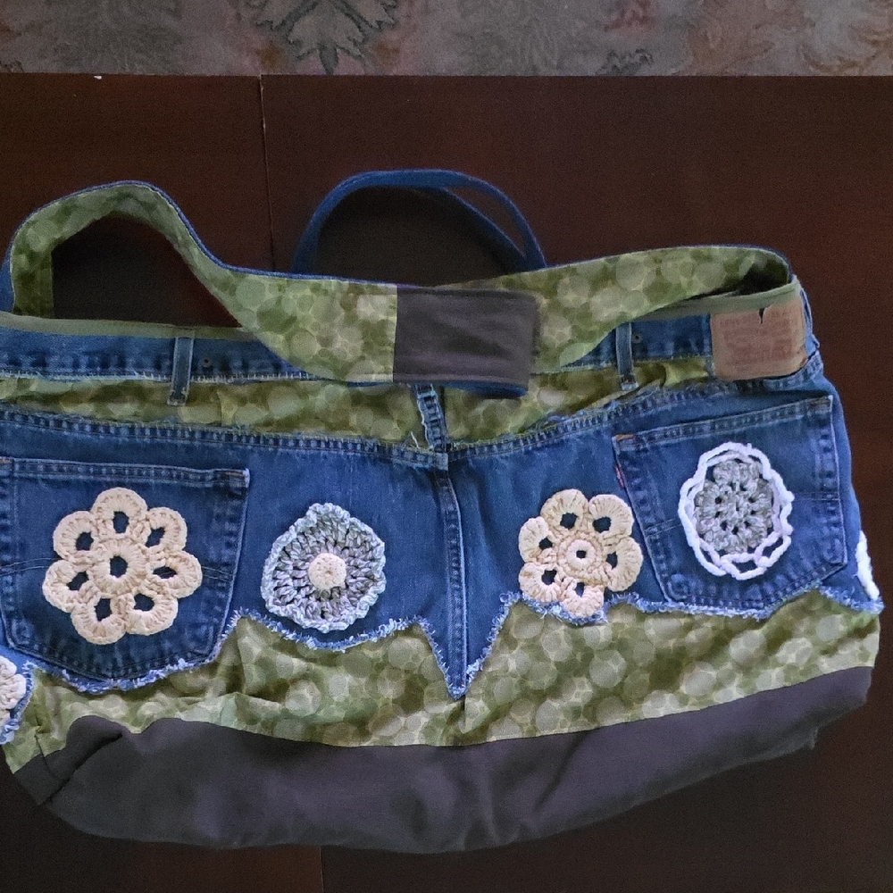HAND CRAFTED Possible Bag UPCYCLED Blue Denim Jean Crochet Floral 29 X17 Inch - Picture 10 of 15